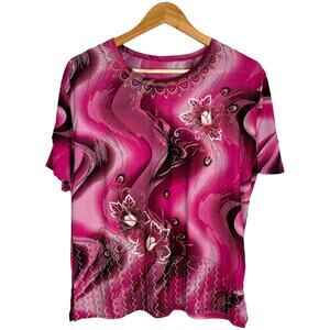 Gold‑Embellished Pink Swirl Floral Top – Boho Vintage Tee